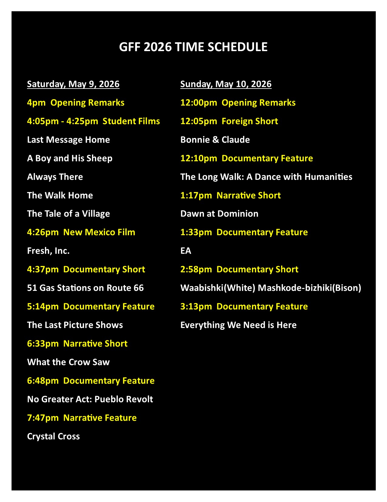 GFF 26 Time Schedule